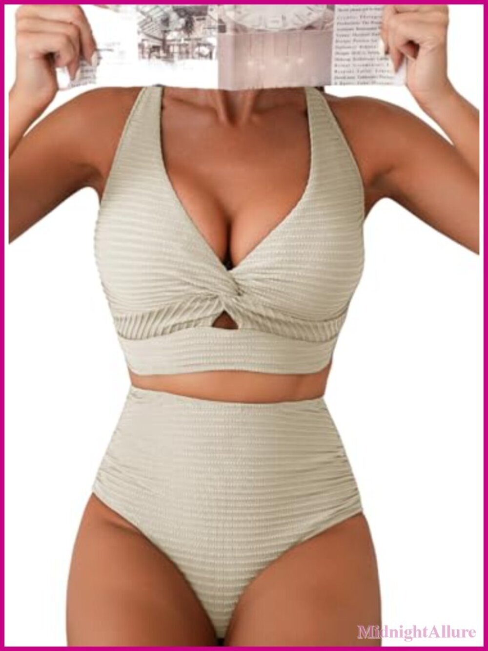 Textured Twist Front Bikini Set High Waisted Bathing Suit
